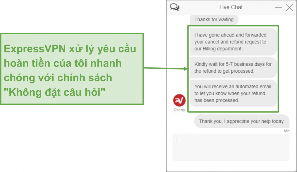 Ảnh chụp màn hình của người dùng yêu cầu hoàn lại tiền từ ExpressVPN qua trò chuyện trực tiếp với bảo đảm hoàn lại tiền trong 30 ngày