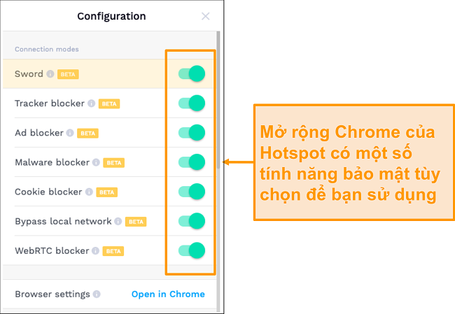 Ảnh chụp màn hình các tính năng bảo mật tiện ích mở rộng Chrome của HotSpot Shield.