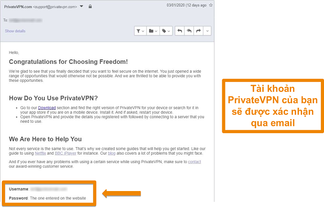 Ảnh chụp màn hình xác nhận email PrivateVPN sau khi đăng ký tài khoản