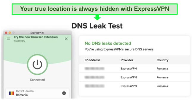 Screenshot showing ExpressVPN's Romanian server passed a DNS leak test
