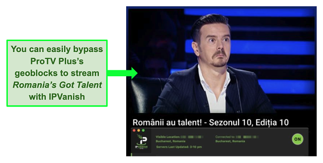 Screenshot of Romania's Got Talent streaming on ProTV Plus with IPVanish connected