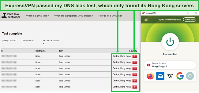 Screenshot of ExpressVPN passing a DNS leak test while connected to a server in Hong Kong