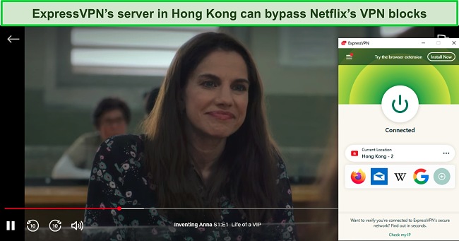 Screenshot of Netflix streaming while ExpressVPN is connected to a server in Hong Kong