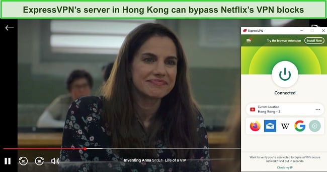 Screenshot of Netflix streaming while ExpressVPN is connected to a server in Hong Kong