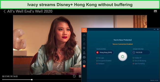 Screenshot of All's Well End's Well on Disney+ while Ivacy is connected to a server in Hong Kong