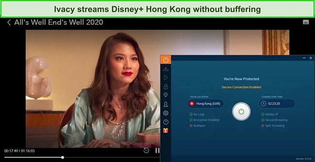 Screenshot of All's Well End's Well on Disney+ while Ivacy is connected to a server in Hong Kong