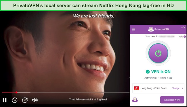 Screenshot of Triad Princess streaming on Netflix while PrivateVPN is connected to a server in Hong Kong