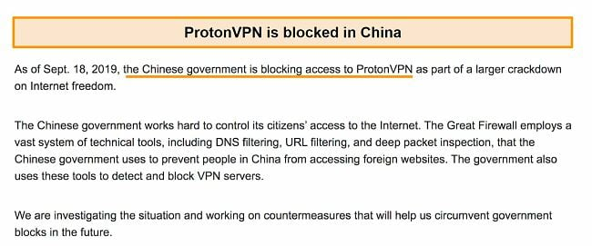 Proton VPN announcement that is has been blocked in China