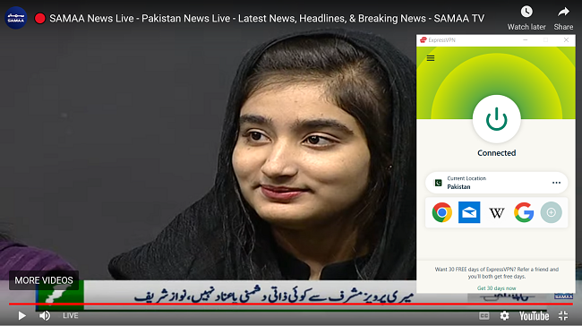 لقطة شاشة لـ Samaa News Live باستخدام خادم ExpressVPN الباكستاني