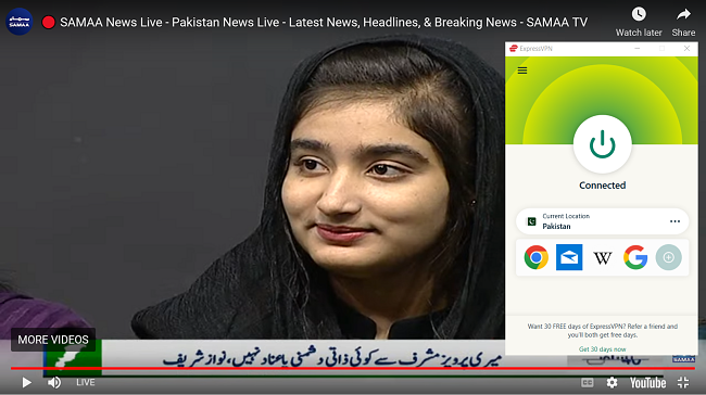 Screenshot of Samaa TV streaming live while connected to expressVPN