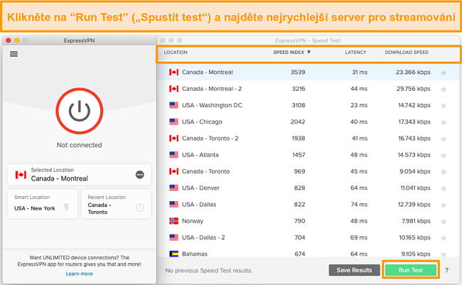 Rychlostní test ExpressVPN vám pomůže vybrat nejrychlejší server.