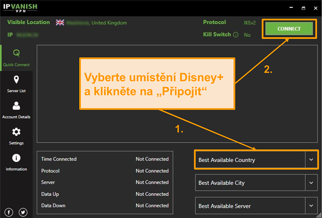 Jednoduše zvolte zemi Disney+ a klikněte na připojit se k IPVanish.