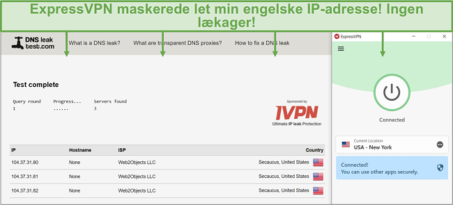 Skærmbillede af DNS-lækagetest, mens der er oprettet forbindelse til en ExpressVPN-server.