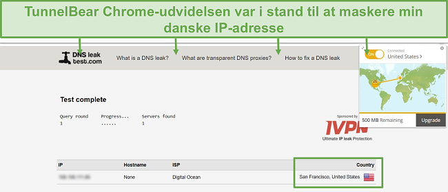 Skærmbillede af resultater fra DNS-lækagetest, når der er forbindelse til TunnelBear.