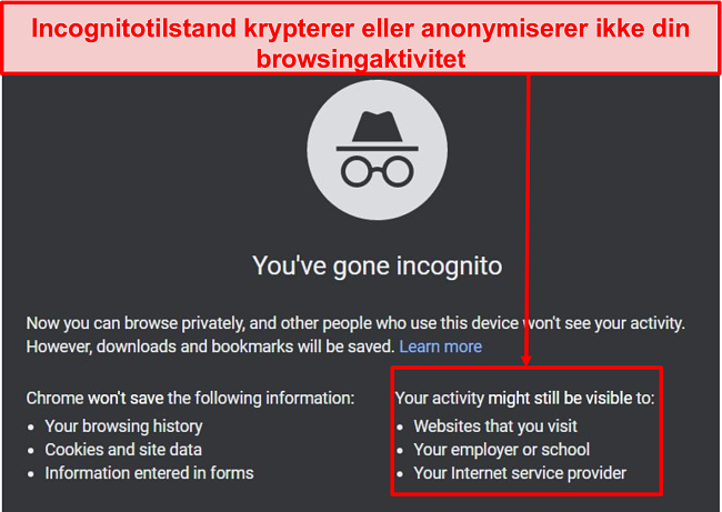 Skærmbillede af meddelelser om inkognitotilstand.