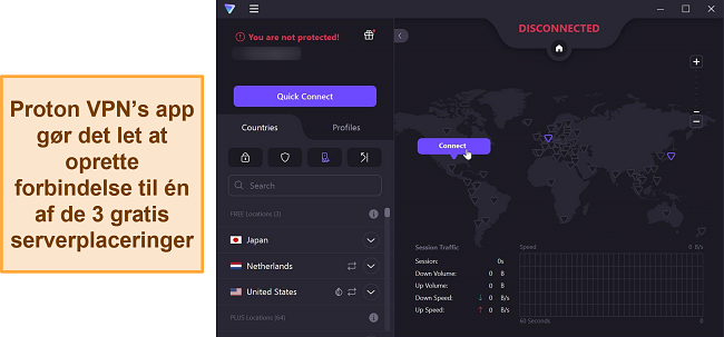 Skærmbillede af Proton VPNs serveroversigt, der viser dens 3 gratis servermuligheder.