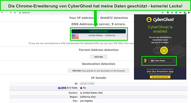 Screenshot der Chrome-Browsererweiterung von CyberGhost, die mit einem US-Server verbunden ist, mit den Ergebnissen eines Lecktests, der keine Datenlecks zeigt.