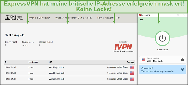 Screenshot des DNS-Lecktests, während er mit einem ExpressVPN-Server verbunden ist.