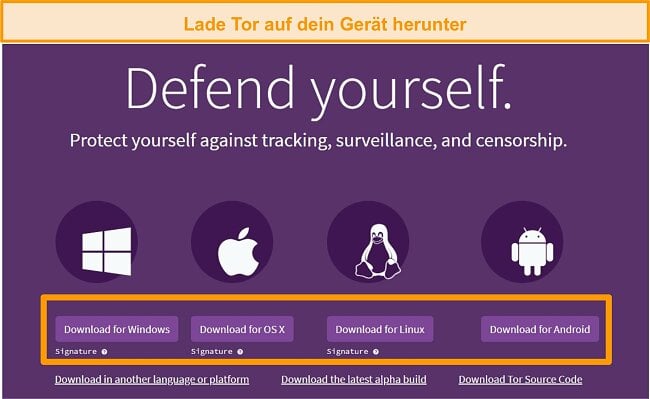 Screenshot der Download-Seitenübersicht des Tor-Projekts