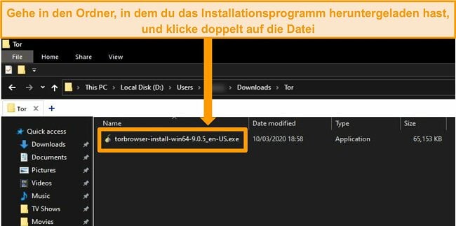 Screenshot des Tor-Installationsprogramms im Download-Ordner unter Windows 10