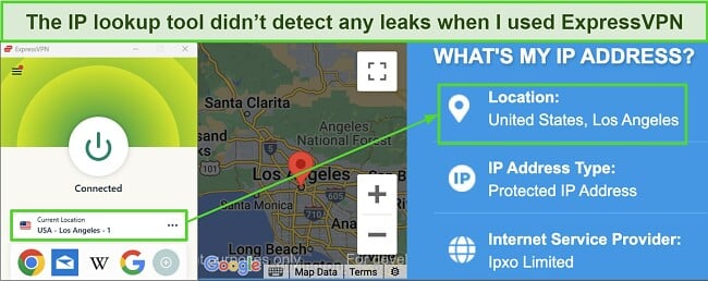Screenshot of IP lookup tool showing no leak when ExpressVPN is connected to a server in Los Angeles