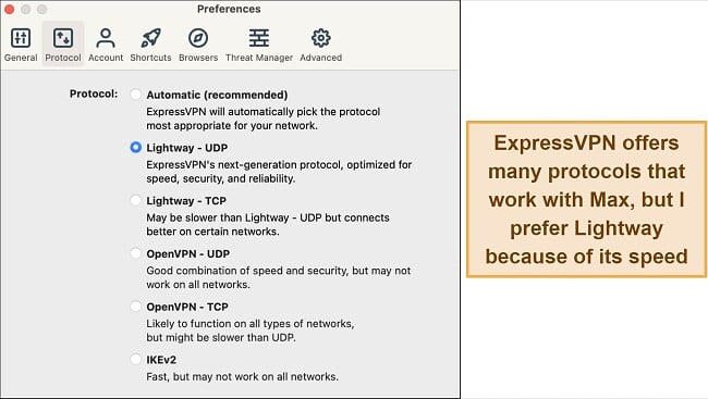 Screenshot of protocol options available in ExpressVPN's macOS app