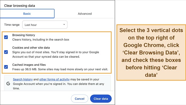 Screenshot of 'clear browsing data' settings on Google Chrome