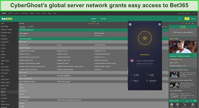 Screenshot of CyberGhost connected to a UK server and working with Bet365