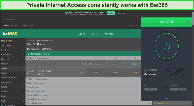 Screenshot of Private Internet Access VPN connected to a UK server and working with Bet365