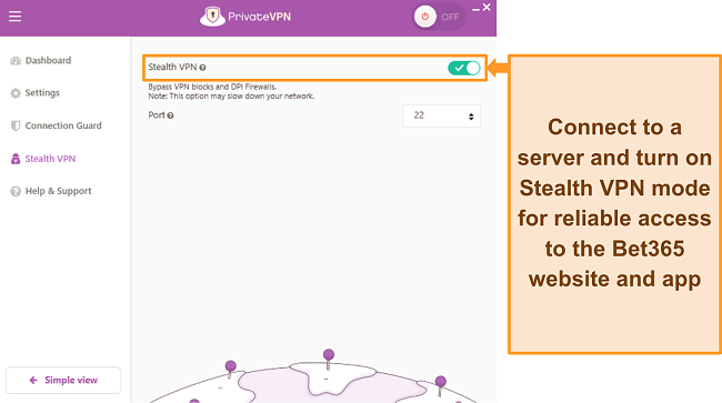 Screenshot of PrivateVPN and its Stealth VPN mode