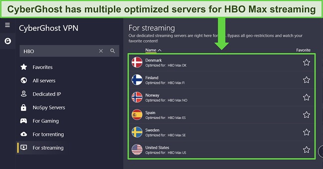 Screenshot of CyberGhost's Windows app, highlighting the optimized servers specifically for HBO Max.