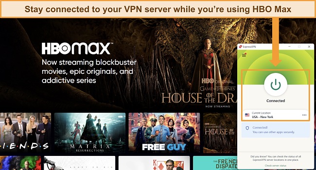 Screenshot of ExpressVPN connected to a US server with the HBO Max website available in the browser.