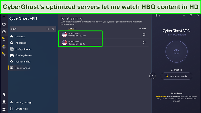 Screenshot of CyberGhost's servers optimized for watching HBO shows