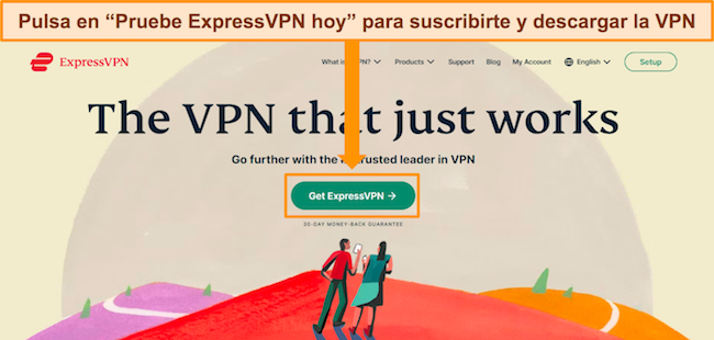 Captura de pantalla de la página de inicio del sitio web de ExpressVPN con el botón 