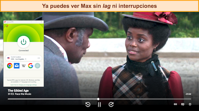 Captura de pantalla de The Gilded Age reproduciéndose en Max mientras ExpressVPN está conectado a un servidor en EE. UU.