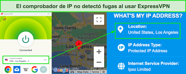 Captura de pantalla de la herramienta de búsqueda de IP que no muestra fugas cuando ExpressVPN está conectado a un servidor en Los Ángeles
