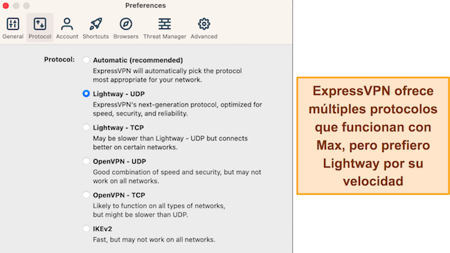 Captura de pantalla de las opciones de protocolo disponibles en la aplicación macOS de ExpressVPN