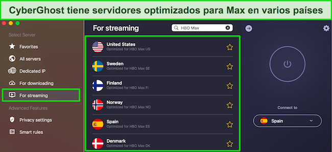 Captura de pantalla de los servidores optimizados para streaming de CyberGhost para Max