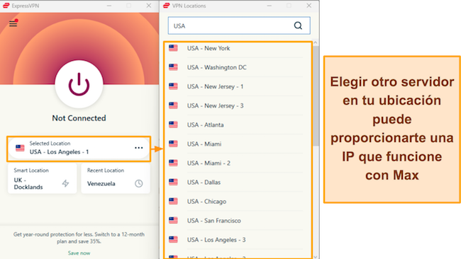 Captura de pantalla de las opciones del servidor de ExpressVPN en EE. UU.