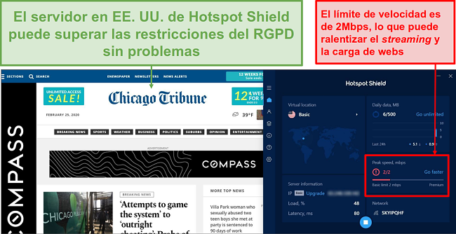 Captura de pantalla de la versión gratuita de Hotspot Shield desbloqueando contenido.