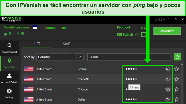 Captura de pantalla de la aplicación de Windows de IPVanish con servidores de EE. UU. resaltados, que muestra la carga del usuario y el ping del servidor