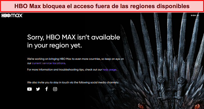 Captura de pantalla del sitio web de HBO Max que muestra que el servicio está bloqueado fuera de sus regiones disponibles