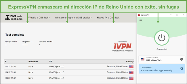 Captura de pantalla de la prueba de fugas DNS mientras está conectado a un servidor de ExpressVPN.