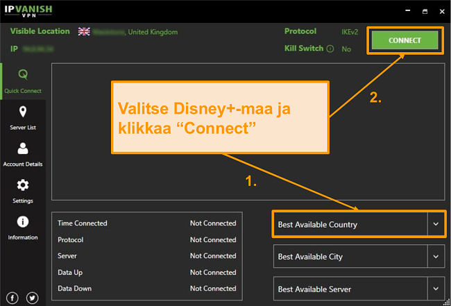 Valitse vain Disney+ -maa ja klikkaa yhdistä IPVanish-palveluun.