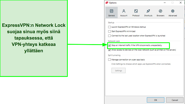 Kuvakaappaus ExpressVPN:n verkkolukkoominaisuudesta