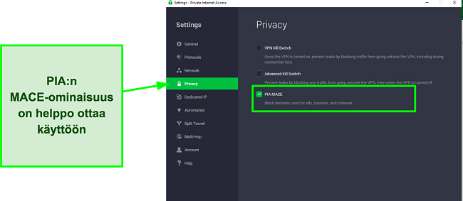 Kuvakaappaus PIA:n Mace-ominaisuuden kytkemisestä päälle