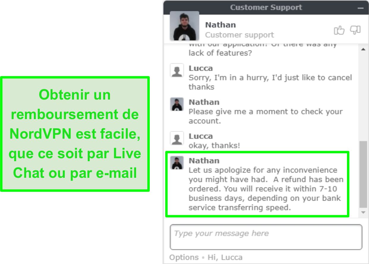 Capture d'écran de l'approbation réussie du remboursement NordVPN via le chat en direct