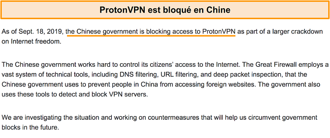 Capture d'écran du site Web de Proton VPN annonçant qu'ils ont été bloqués en Chine