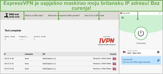 Snimka zaslona testiranja curenja DNS-a dok ste povezani s ExpressVPN poslužiteljem.