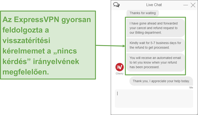 Képernyőkép a visszatérítési kérelemről az élő csevegésen keresztül.